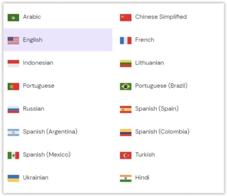 Lista języków w kreatorze Hostinger